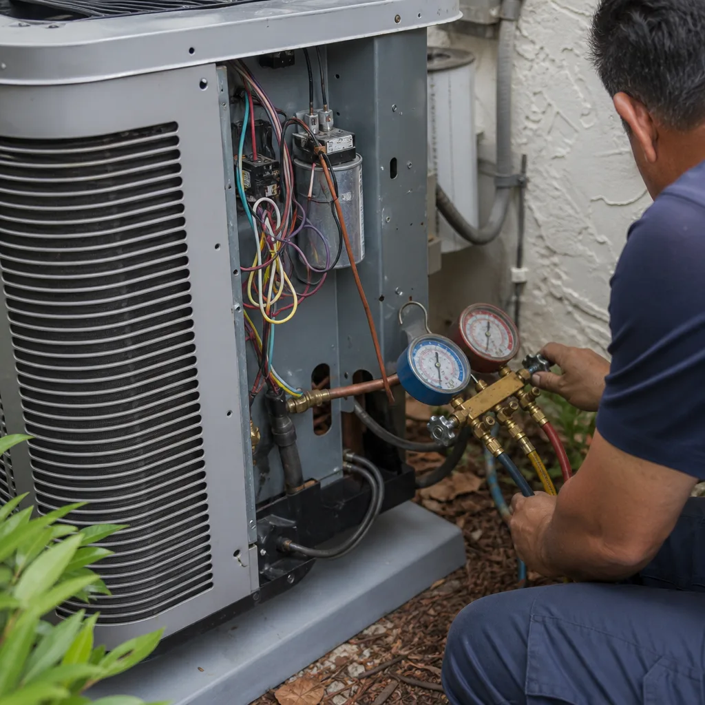 HVAC technician performing professional air conditioning repair and maintenance service