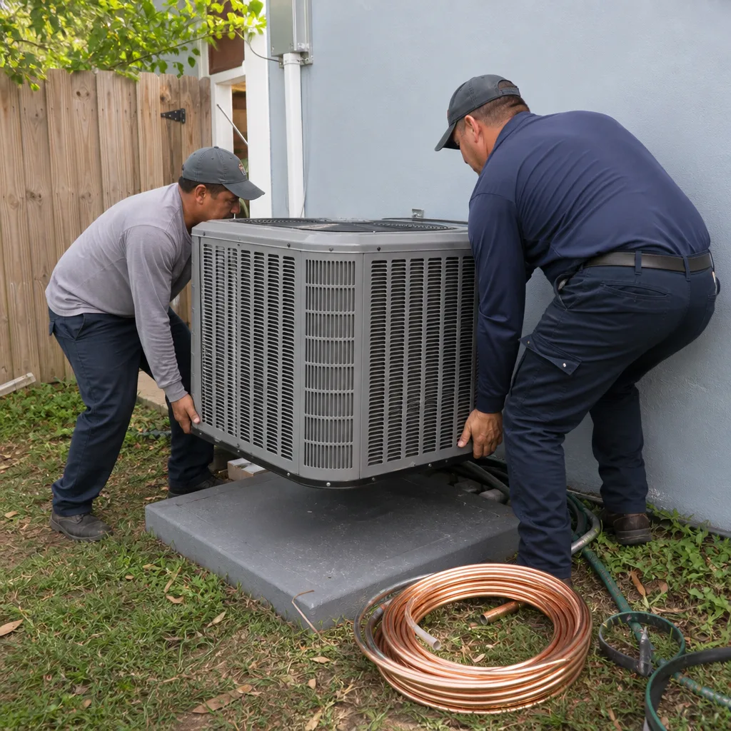 Two professional HVAC technicians installing an outdoor air conditioning unit