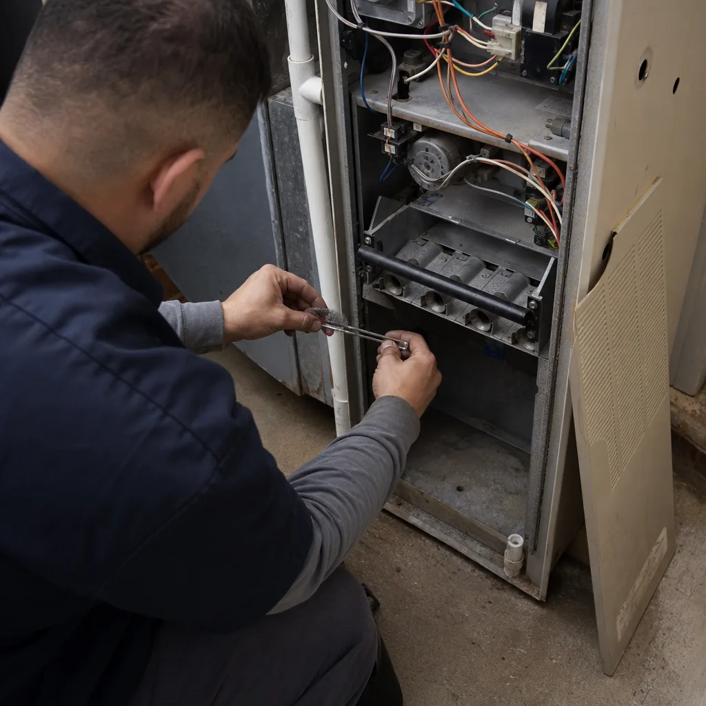 HVAC technician performing professional furnace repair and maintenance