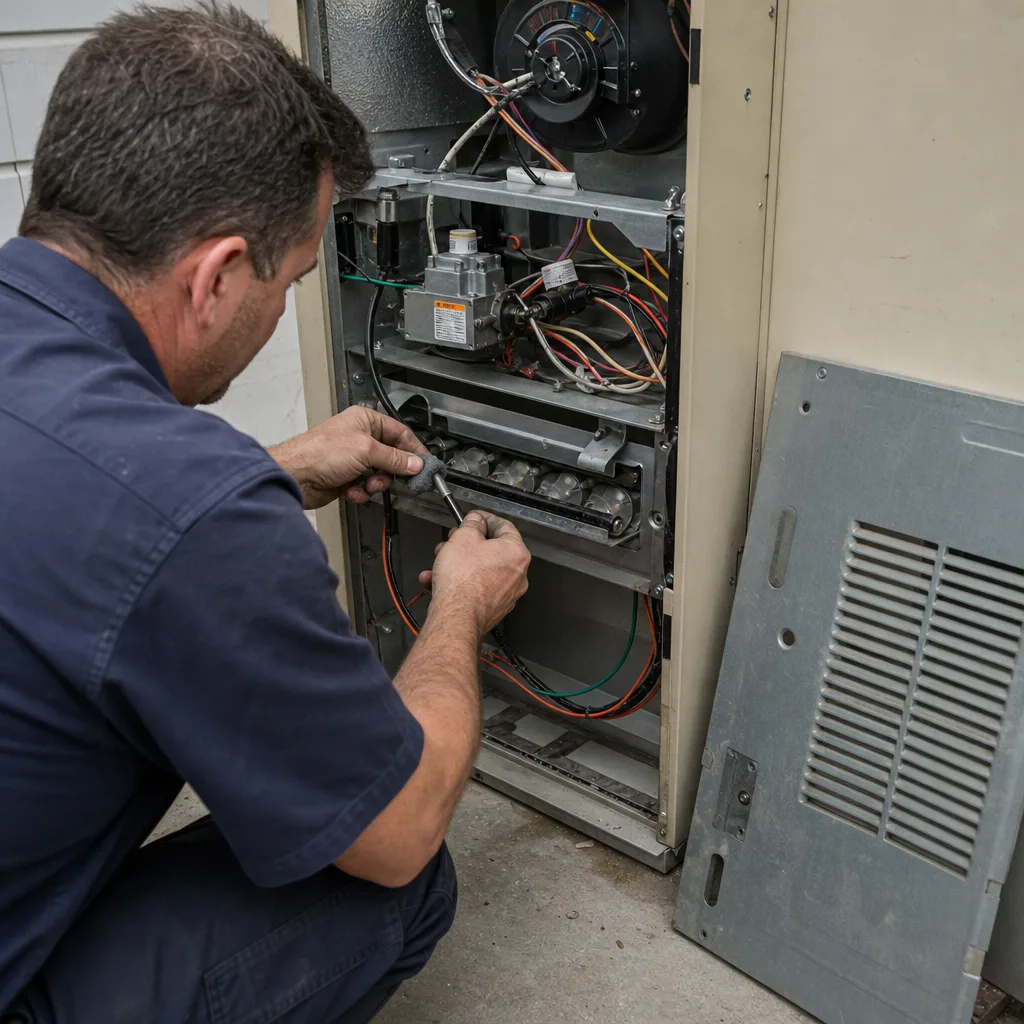 HVAC technician performing furnace repair and maintenance on a residential heating system