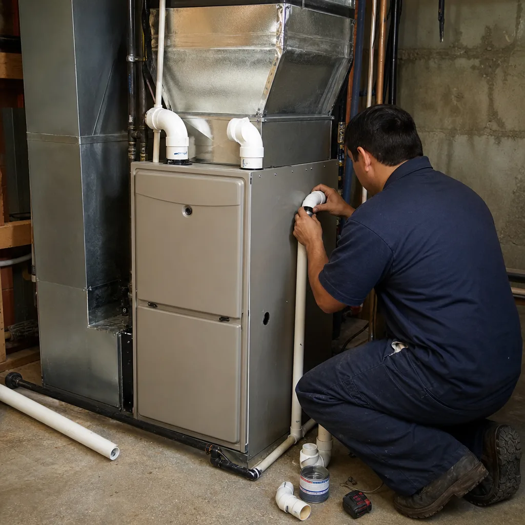 HVAC technician performing a professional furnace repair service