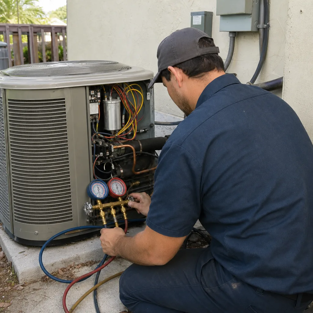 HVAC technician performing professional heat pump system installation and maintenance
